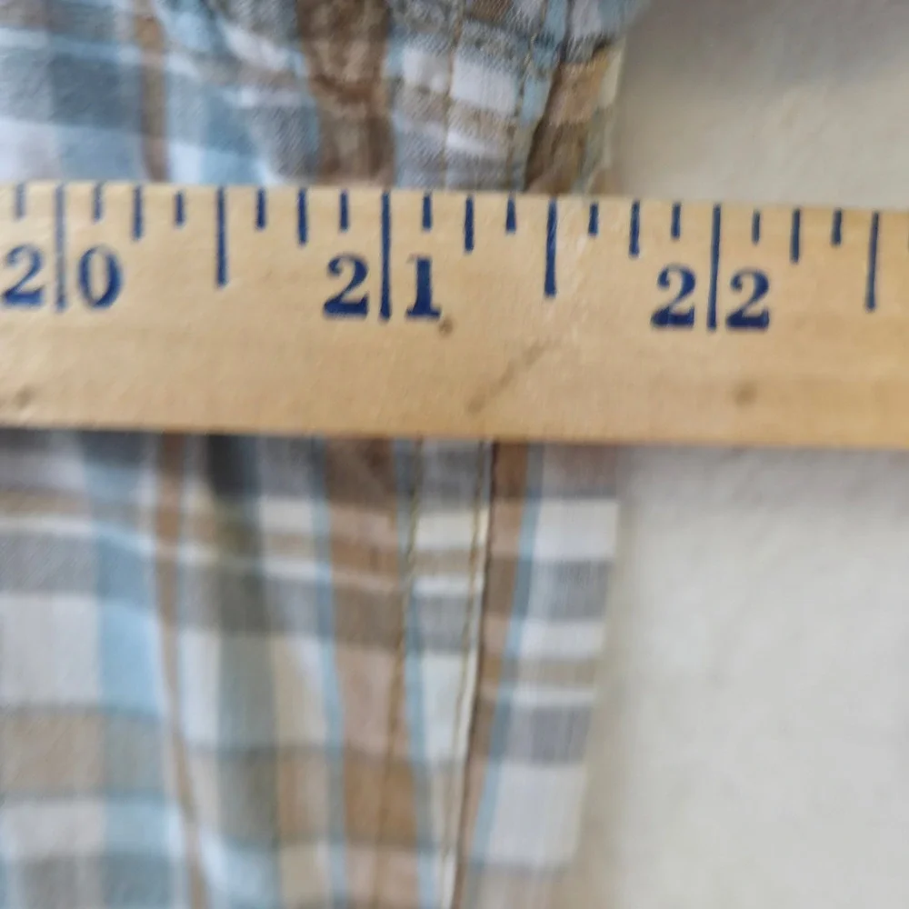 The North Face Plaid Button Down Men Large Blue Tan Excellent Short Sleeve Shirt